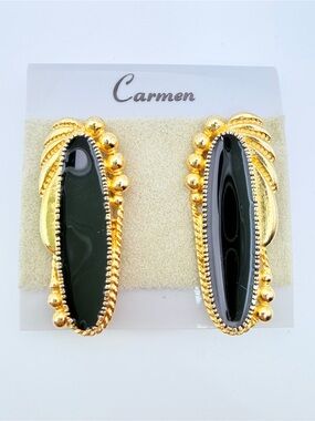 Vintage Black Enamel Gold Tone Clip-On Earrings